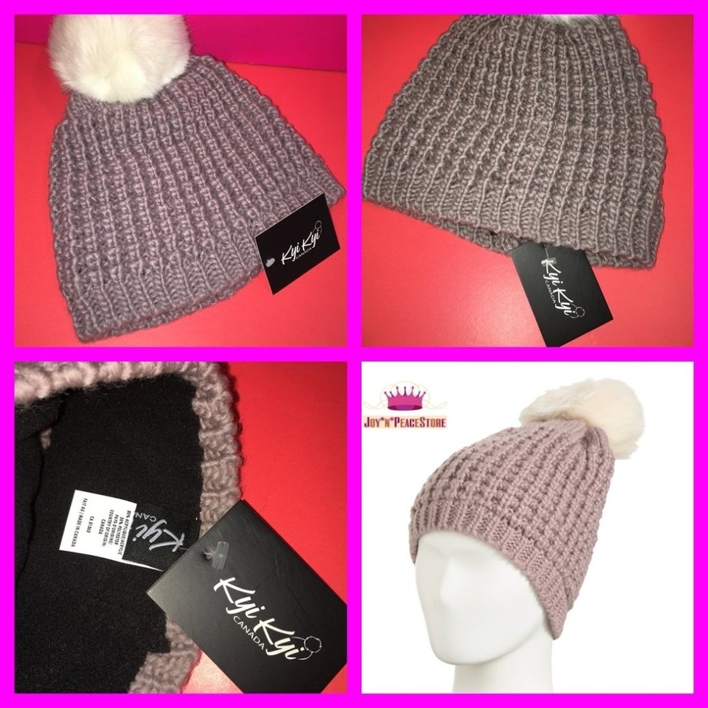 Kyi Kyi Canada Pink White Faux Fur POM Beanie Hat
